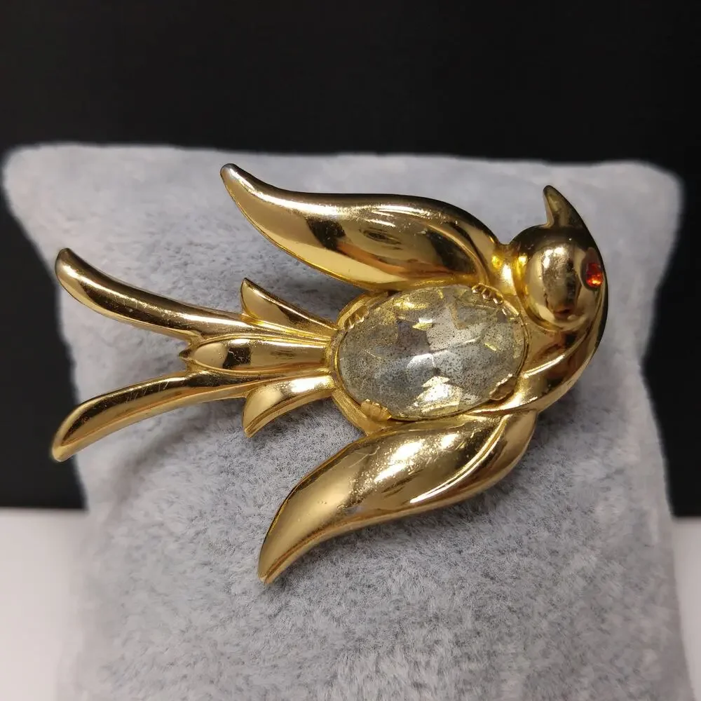Coro Pegasus Bird Brooch, Clear Faceted Rhinestone Red Eye 1940s Vintage Jewelry